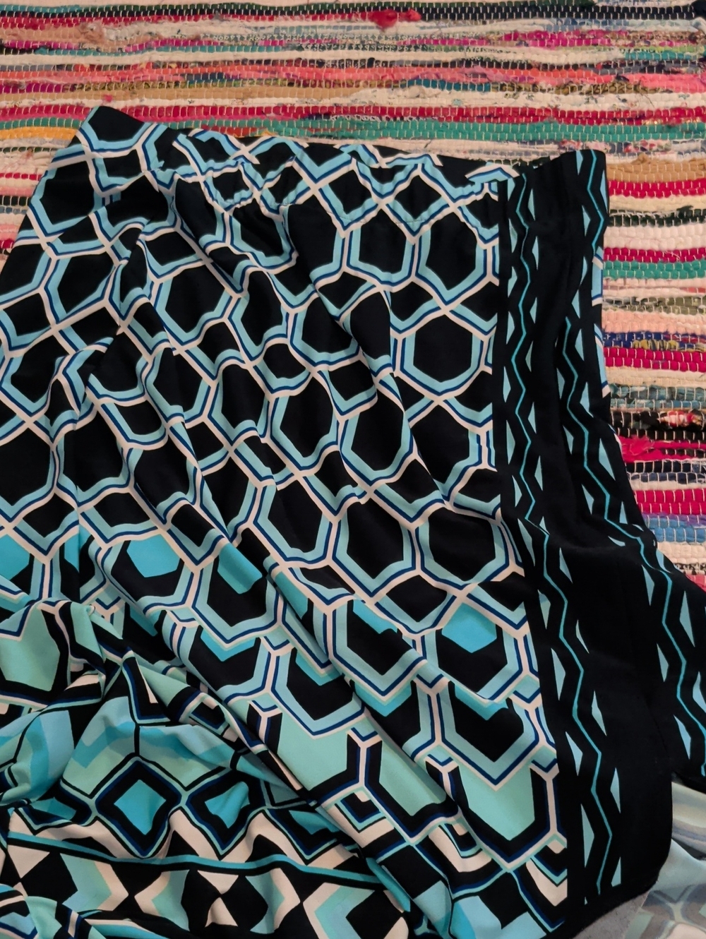 Chico's Black, Aqua & White Geometric Maxi Skirt